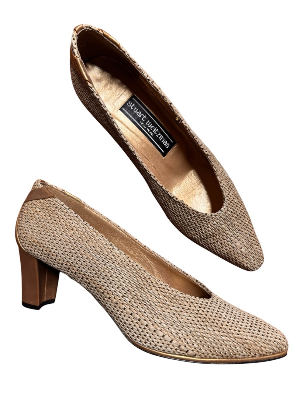 Stuart Weitzman Vintage Woven Gold Tan Block Heel Pumps Size 7N Narrow Spain
